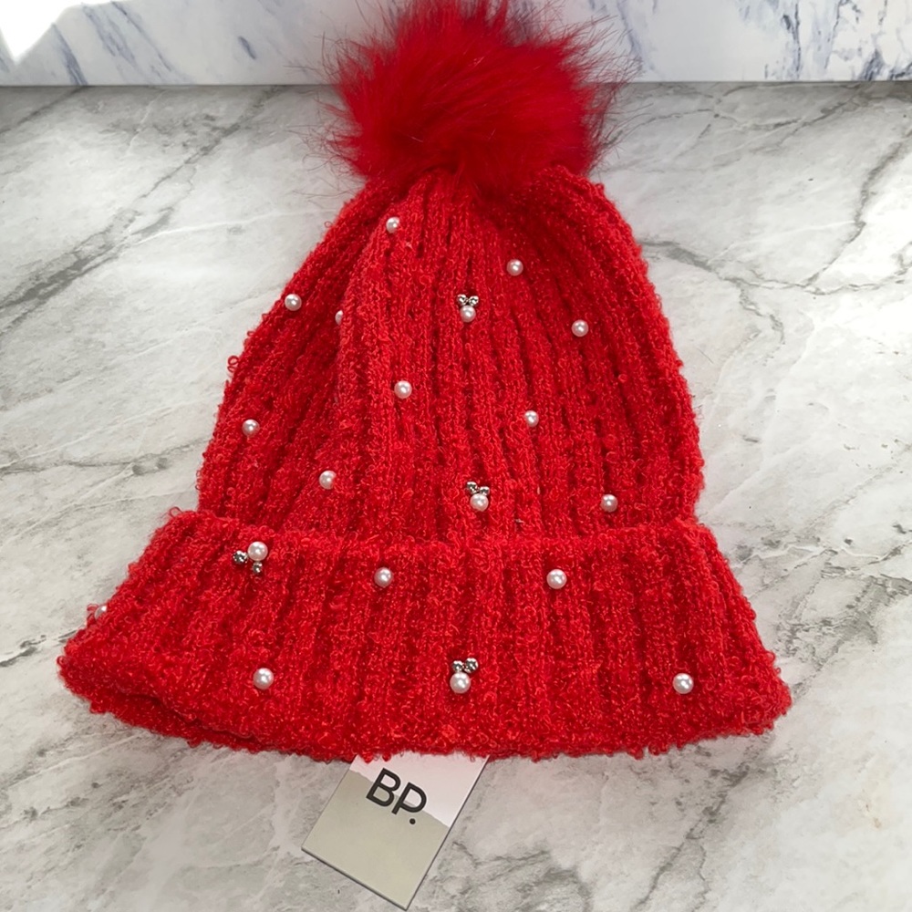NEW BP red knit pearl beanie